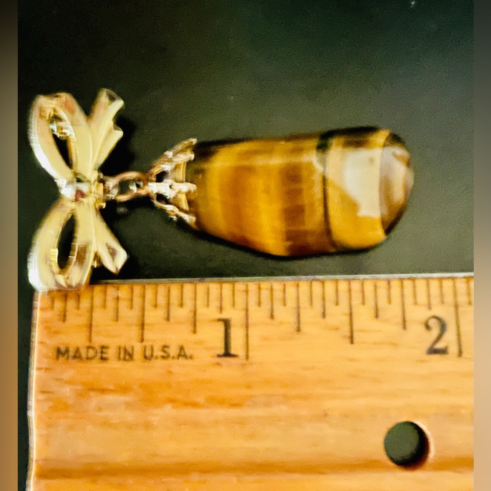 Vintage Gold Bow Tiger’s Eye Stone Brooch/Pin - Picture 6 of 6